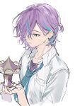  1boy aged_down blue_hair blue_necktie collared_shirt commentary highres holding iwatnc kamishiro_rui kamiyama_high_school_uniform_(project_sekai) male_focus medium_hair multicolored_hair necktie open_collar parted_lips project_sekai purple_hair school_uniform shirt short_ponytail solo streaked_hair two-tone_hair upper_body white_background white_shirt yellow_eyes 