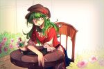  1other alternate_costume androgynous arms_on_table bad_id bad_pixiv_id black_shirt blue_skirt bow bowtie brown_headwear cabbie_hat chair crossed_arms cup disposable_cup fang flower flower_bed frilled_sleeves frills green_hair hat holding holding_cup indoors layered_shirt layered_sleeves len&#039;en long_hair long_sleeves open_mouth pink_flower pointy_ears red_eyes red_shirt ribbon ribbon-trimmed_shirt shirt short_over_long_sleeves short_sleeves single_sleeve sitting skirt table taira_no_fumikado upper_body white_bow white_bowtie white_ribbon window yukkyon_kyon 