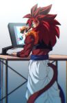  1boy baggy_pants blue_eyes blurry chromatic_aberration commentary_request dragon_ball dragon_ball_gt drawing_tablet from_behind gogeta holding holding_stylus male_focus metamoran_vest monkey_tail pan_(dragon_ball) pants red_fur redhead rom_(20) smile solo standing stylus super_saiyan super_saiyan_4 table tail 