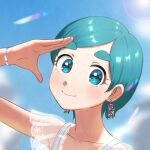  1girl blue_eyes blue_hair blue_sky blurry blurry_background blush day earrings flower_earrings hand_up jewelry lens_flare looking_at_viewer original outdoors portrait see-through see-through_sleeves short_hair sinohira_rin sky smile solo summer thick_eyebrows wristband 