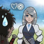  1boy 1girl ? black_hair blue_eyes blue_vest button_prompt clive_rosfield embarrassed final_fantasy final_fantasy_xvi grey_hair heart jill_warrick jovialjukebox long_hair looking_at_another puffy_sleeves smile spoken_heart standing sweatdrop upper_body vest 