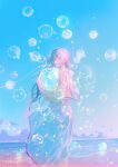  1girl air_bubble artist_name beach blue_sky bubble clouds earrings green_eyes hair_between_eyes highres holding_crystal illumi999 jewelry long_hair long_skirt long_sleeves looking_at_viewer open_mouth original sand signature skirt sky solo water white_hair 