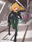  1girl absurdres animal_ears assault_rifle black_gloves blonde_hair blue_eyes bodysuit boots cat_ears cat_tail commission explosive fingerless_gloves gloves grenade grin gun highres holding holding_gun holding_weapon long_hair nabiyan original rifle robot smile solo tail weapon 