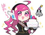  +_+ 1girl ahoge black_jacket blush cake character_request chibi food gloves hat headphones holding jacket long_hair mzh open_mouth party_hat pink_eyes pink_hair simple_background sound_voltex sparkle white_background white_gloves 