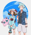  1boy 1girl :d bow bracelet brown_eyes brown_hair collared_shirt detached_sleeves eneko_(olavcnkrpucl16a) eyelashes eyewear_hang eyewear_removed floral_print green_kimono hand_on_own_hip hat hat_bow highres holding japanese_clothes jewelry jigglypuff kimono long_hair lyra_(pokemon) lyra_(summer_2020)_(pokemon) necklace official_alternate_costume open_clothes open_mouth open_shorts parted_lips pokemon pokemon_(creature) pokemon_(game) pokemon_masters_ex pouch red_bow ring sash shirt short_hair shorts smile steven_stone steven_stone_(summer_2020) summer sunglasses twintails undershirt white_headwear 