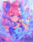  1girl absurdres blue_dress bow-shaped_hair circlet closed_mouth dress genshin_impact high_ponytail highres japanese_clothes kimono long_hair multicolored_hair orange_sekaii pink_hair purple_hair sangonomiya_kokomi smile solo twitter_username violet_eyes 