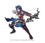  1boy alcryst_(fire_emblem) armor arrow_(projectile) ascot blue_hair bow_(weapon) fire_emblem fire_emblem_engage fire_emblem_heroes full_body hair_between_eyes hair_ornament hairclip holding holding_bow_(weapon) holding_weapon long_sleeves male_focus official_art pants red_eyes red_vest senano-yu shirt short_hair shoulder_armor sidelocks solo standing vest waist_cape watermark weapon white_ascot white_background white_pants white_shirt 
