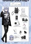  1girl backpack bag black_footwear black_jacket black_pants blue_eyes blue_hair boots cellphone chibi chibi_inset chihuri closed_mouth collared_shirt dress_shirt earphones earphones earrings ende_(chihuri) english_text equipment_layout full_body hair_between_eyes hand_mirror hand_up highres jacket jewelry long_hair looking_at_viewer mirror multiple_views off_shoulder open_clothes open_jacket original pants phone print_shirt revision ring shirt smile speech_bubble standing stud_earrings translation_request white_shirt 