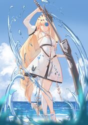  1girl blonde_hair blue_flower blue_rose chain clouds detached_sleeves dress flower flower_over_eye hair_between_eyes hair_ornament holding holding_sword holding_weapon katana long_hair lucia:_crimson_abyss_(apocalyptic_cyan)_(punishing:_gray_raven) lucia:_crimson_abyss_(punishing:_gray_raven) mechanical_legs ocean official_alternate_costume orange_eyes punishing:_gray_raven rose sheath sidelocks single_mechanical_leg sky sword unsheathing very_long_hair weapon white_dress white_sleeves yume_3327 