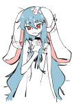  1girl :3 absurdres animal_ears bandages bare_shoulders black_choker black_ribbon blood blood_stain blue_hair choker dress eds frilled_dress frills hair_between_eyes hand_on_own_chest highres hikimayu indie_virtual_youtuber light_blue_hair long_hair looking_at_viewer lop_rabbit_ears para_(vtuber) rabbit_ears red_eyes red_nails ribbon spaghetti_strap very_long_hair white_background white_dress 