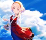  1girl basket blue_sky closed_mouth clouds commentary dress fire_emblem fire_emblem_engage floating_clothes floating_hair food hair_ribbon hairband highres holding kwz_ini lapis_(fire_emblem) long_dress long_sleeves looking_at_viewer pink_eyes pink_hair red_dress ribbon short_hair sky solo symbol-only_commentary 