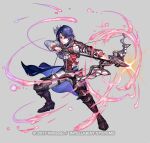  1boy alcryst_(fire_emblem) armor arrow_(projectile) ascot blue_hair bow_(weapon) commentary_request drawing_bow fire_emblem fire_emblem_engage fire_emblem_heroes full_body greaves grey_background hair_ornament hairclip holding holding_bow_(weapon) holding_weapon long_sleeves male_focus official_art pants red_eyes red_vest senano-yu shirt short_hair shoulder_armor sidelocks simple_background solo standing vest waist_cape weapon white_ascot white_pants white_shirt 