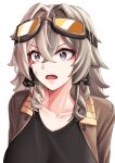 1girl absurdres brown_hair curly_hair eyewear_on_head grey_hair highres honkai_(series) honkai_impact_3rd jacket open_clothes open_jacket open_mouth pyeong-il_pyeongil short_hair simple_background surprised sweat sweatdrop vill-v white_background