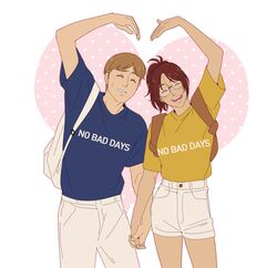  1boy 1girl backpack bag breasts closed_eyes commentary couple english_text glasses hange_zoe hanpetos heart heart_arms_duo hetero holding_hands moblit_berner open_mouth polka_dot polka_dot_background ponytail shingeki_no_kyojin shirt short_shorts shorts small_breasts smile sweatdrop t-shirt 