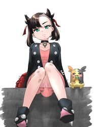  1girl absurdres asymmetrical_bangs asymmetrical_hair backpack bag berry_(pokemon) black_choker black_jacket choker commentary_request dress green_eyes highres jacket marnie_(pokemon) morpeko morpeko_(full) pink_dress pokemon pokemon_(game) pokemon_swsh red_ribbon rewan ribbon sitting twintails 