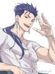  1boy arm_up blue_hair collarbone cu_chulainn_(fate) earrings fate/hollow_ataraxia fate_(series) fumizuki_nana jewelry long_hair looking_at_viewer male_focus open_mouth ponytail red_eyes shirt short_sleeves simple_background smile solo spiky_hair teeth twitter_username upper_body upper_teeth_only white_background white_shirt 