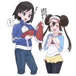  1boy 1girl :d anger_vein black_hair black_pantyhose blue_jacket blush brown_hair calem_(pokemon) closed_eyes commentary_request double_bun eyelashes hair_bun holding jacket long_hair open_mouth pants pantyhose pokemon pokemon_(game) pokemon_bw2 pokemon_xy raglan_sleeves rosa_(pokemon) sana_(37pisana) shirt shorts smile speech_bubble translation_request turtleneck turtleneck_jacket twintails visor_cap white_headwear yellow_shorts 