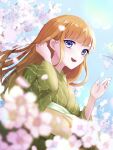  1girl blonde_hair blue_eyes blunt_bangs blurry blurry_background blurry_foreground branch cherry_blossoms day depth_of_field floating_hair from_below green_kimono highres japanese_clothes kimono lens_flare long_hair looking_at_viewer obi open_mouth orange_hair original outdoors petals sash sidelocks sky smile solo tsubaki_yu upper_body wind 