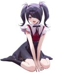  1girl :d absurdres akabino ame-chan_(needy_girl_overdose) between_legs black_hair black_nails black_ribbon black_skirt black_socks blush collar collared_shirt commentary_request full_body hair_ornament hair_over_one_eye hair_tie hairclip hand_between_legs heart highres looking_at_viewer multicolored_nails neck_ribbon needy_girl_overdose open_mouth red_nails red_shirt ribbon shirt shirt_tucked_in sitting skirt smile socks solo suspender_skirt suspenders twintails violet_eyes wariza white_collar x_hair_ornament 