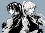  2boys absurdres blue_background collared_shirt commentary_request earrings faust_(mochizuki_shiina) gloves hair_between_eyes hand_up highres jewelry long_hair long_sleeves lucas_(mochizuki_shiina) male_focus mochizuki_shiina monochrome multiple_boys original ponytail shirt simple_background upper_body vest violet_eyes yellow_eyes 