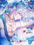  1boy armlet bishounen choker falling_petals fins flower grey_hair head_fins heterochromia highres jewelry light_smile looking_at_viewer male_focus muxiangzi95632 necklace pearl_necklace petals profile solo string string_of_fate the_tale_of_food upper_body violet_eyes white_flower yellow_choker yellow_eyes zhenzhu_ri_yue_bei 