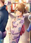  1boy 1other 2girls brown_hair commentary_request festival food_stand hair_ornament hair_up highres japanese_clothes kazari_hisa kimono lens_flare multiple_girls original short_hair solo_focus standing violet_eyes yatai yukata 