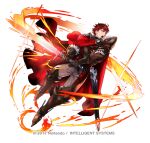  1boy armor belt black_gloves cape diamant_(fire_emblem) fire_emblem fire_emblem_engage fire_emblem_heroes full_body fur_trim furrowed_brow gloves high_collar holding holding_sword holding_weapon long_sleeves looking_to_the_side official_art open_mouth pants red_cape red_eyes redhead short_hair shoulder_armor solo standing sword turtleneck watermark weapon white_background 