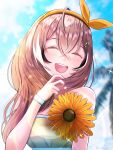  1girl ahoge alternate_costume blurry blurry_background brown_hair closed_eyes clouds cloudy_sky crossed_bangs dress fingernails flower hair_ribbon highres hololive hololive_english laughing lily_lily long_hair multicolored_hair nanashi_mumei orange_ribbon ribbon sky smile sparkle streaked_hair sundress sunflower teeth tree upper_teeth_only very_long_hair virtual_youtuber 