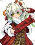  1girl bow chencheng chinese_commentary chinese_text coat commentary_request fan_hair_ornament genshin_impact gradient_hair green_eyes green_hair grey_hair hair_bow hair_ornament head_tilt highres holding holding_scroll multicolored_hair nahida_(genshin_impact) one_side_up red_coat scroll solo translation_request 