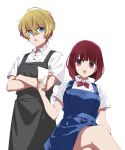  1boy 1girl alternate_costume apron arima_kana black_apron blonde_hair blue_apron blue_eyes bow bowtie breasts crossed_arms crossed_legs dark_red_hair highres holding holding_paper hoshino_aquamarine kusana_(kusana47454281) looking_to_the_side medium_breasts open_mouth oshi_no_ko pale_skin paper red_eyes redhead shirt short_hair short_sleeves simple_background star_(symbol) star_in_eye symbol_in_eye white_background white_shirt 