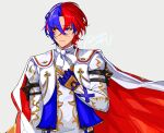  1boy alear_(fire_emblem) alear_(male)_(fire_emblem) ascot blue_eyes blue_hair cape crossed_bangs fire_emblem fire_emblem_engage gloves gold_trim hair_between_eyes heterochromia highres jewelry lamb_(contra_entry) long_sleeves looking_to_the_side multicolored_hair red_eyes redhead short_hair solo two-tone_hair upper_body 