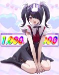  1girl :d absurdres akabino ame-chan_(needy_girl_overdose) between_legs black_hair black_nails black_ribbon black_skirt black_socks blush collar collared_shirt commentary_request copyright_name cursor full_body hair_ornament hair_over_one_eye hair_tie hairclip hand_between_legs headpat heart highres looking_at_viewer multicolored_nails neck_ribbon needy_girl_overdose open_mouth pink_background pixelated red_nails red_shirt ribbon shirt shirt_tucked_in sitting skirt smile socks solo star_(symbol) suspender_skirt suspenders twintails violet_eyes wariza white_collar window_(computing) x_hair_ornament 