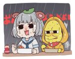  1girl :3 animal_ears blunt_bangs chibi chopsticks eating food grey_hair holding holding_chopsticks hood hood_up leaf leaf_on_head mode_aim mzh open_mouth peanuts-kun ponpoko_(vtuber) raccoon_ears raccoon_girl rain raincoat sailor_collar school_uniform serafuku short_hair virtual_youtuber wet 