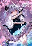  1girl black_hairband black_ribbon blush cherry_blossoms collared_shirt frilled_skirt frills green_skirt green_vest grey_hair hair_between_eyes hair_ribbon hairband hitodama holding holding_sword holding_weapon katana konpaku_youmu konpaku_youmu_(ghost) open_mouth puffy_short_sleeves puffy_sleeves red_eyes ribbon sakizaki_saki-p shirt short_hair short_sleeves skirt solo sword touhou vest weapon white_shirt 