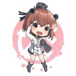  1girl anchor_symbol binoculars black_sailor_collar brown_eyes brown_hair cherry_blossoms chibi dress flower full_body grey_neckerchief hair_flower hair_ornament headgear highres kantai_collection neckerchief rudder_footwear sailor_collar sailor_dress salute short_hair smile solo speaking_tube_headset upper_body white_dress yuki_4040 yukikaze_(kancolle) yukikaze_kai_ni_(kancolle) 