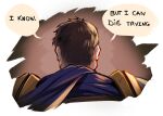  1boy blue_scarf brown_background brown_hair english_text facing_away from_behind garen_(league_of_legends) league_of_legends male_focus scarf shinaa_(maddynshinaa) short_hair shoulder_plates solo speech_bubble white_background 