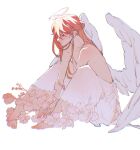  1boy androgynous angel angel_devil_(chainsaw_man) angel_wings chainsaw_man crossdressing dress facing_to_the_side feathered_wings floral_background flower halo highres looking_at_viewer male_focus penguin_jun red_eyes redhead solo white_background white_dress white_flower white_wings wings 