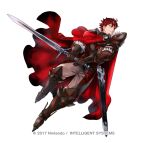  1boy armor belt black_gloves cape closed_mouth diamant_(fire_emblem) fire_emblem fire_emblem_engage fire_emblem_heroes full_body fur_trim furrowed_brow gloves high_collar holding holding_sword holding_weapon long_sleeves looking_to_the_side official_art pants red_cape red_eyes redhead short_hair shoulder_armor solo standing sword turtleneck watermark weapon white_background 