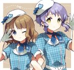  2girls belt blue_dress blue_eyes brown_background brown_hair buttons checkered_clothes checkered_dress commentary_request dot_nose dress flat_chest gloves hand_up highres idolmaster idolmaster_million_live! idolmaster_million_live!_theater_days light_blush looking_at_viewer makabe_mizuki multiple_girls one_eye_closed purple_hair scissors short_hair short_sleeves sidelocks smile suou_momoko toro_(shiro) upper_body waving wavy_hair white_belt white_gloves white_headwear yellow_eyes 