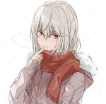  1boy accelerator_(toaru_majutsu_no_index) adjusting_scarf anninn_do_fu commentary_request fur-trimmed_hood fur_trim grey_hair hair_between_eyes hand_up hood long_sleeves looking_at_viewer male_focus medium_hair partial_commentary red_eyes red_scarf scarf snow solo teeth toaru_majutsu_no_index white_background winter 