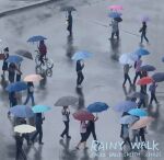  bicycle blue_umbrella catzz commentary_request crowd dated english_text from_above grey_umbrella manhole_cover original overcast people pink_umbrella rain reflection reflective_floor road scenery shadow sky street umbrella 