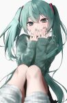  1girl alternate_costume aqua_eyes aqua_hair aqua_nails blush green_sweater grin halhalhalchan hatsune_miku highres leg_warmers simple_background smile solo sweater vocaloid white_background 