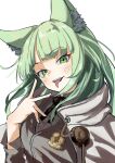  1girl absurdres animal_ear_fluff animal_ears arknights black_bow bow cape collared_shirt commentary_request dress_shirt green_eyes green_hair grey_jacket hand_up harmonie_(arknights) head_tilt highres jacket lamune_otohara long_hair looking_at_viewer shirt simple_background solo teeth tongue tongue_out upper_body upper_teeth_only white_background white_cape white_shirt 