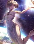  1girl absurdres blush bodysuit brown_hair earth_(planet) feather_hair_ornament feathers flat_chest grey_bodysuit hair_ornament highres long_hair nanami:_starfarer_(punishing:_gray_raven) open_mouth planet punishing:_gray_raven side_ponytail sky spacesuit star_(sky) starry_sky teeth tiara toi_pngr upper_teeth_only yellow_eyes 