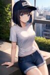  1girl acasta_(azur_lane) ai-generated azur_lane baseball_cap black_hair blue_eyes breasts cityscape denim hat highres jeans kottram medium_breasts pants shirt solo white_shirt 