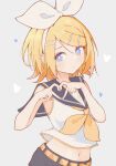  1girl arched_back bare_arms bare_shoulders blonde_hair blue_eyes bow cidre_db grey_background hair_bow hair_ornament hairclip heart heart_hands highres kagamine_rin looking_at_viewer midriff navel neckerchief parted_lips sailor_collar shirt short_hair shorts sideways_glance sleeveless sleeveless_shirt solo swept_bangs treble_clef vocaloid white_bow yellow_nails yellow_neckerchief 