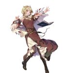  1girl armpits bare_shoulders belt blonde_hair book boots breasts capelet citrinne_(fire_emblem) dress feathers fire_emblem fire_emblem_engage fire_emblem_heroes floating floating_object full_body gold_trim hair_ornament hands_up highres knee_boots long_dress medium_breasts ne-on non-web_source official_art open_book open_mouth pantyhose short_hair solo teeth transparent_background upper_teeth_only violet_eyes 