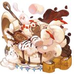  1girl absurdres animal_ears arms_up body_fur bulong144 chocolate claws colored_eyelashes cup dark-skinned_female dark_skin dripping faputa fewer_digits food food_focus full_body highres horns ice_cream in_container in_cup looking_up made_in_abyss marshmallow mini_person minigirl monster_girl multiple_horns multiple_tails red_horns saucer short_hair simple_background solo squinting sundae tail teacup uneven_eyes wafer wafer_stick white_background white_fur white_hair yellow_eyes 