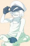  1boy black_gloves blue_eyes crossed_legs full_body gloves hair_over_one_eye hand_up hat highres male_focus original pale_skin sharp_teeth shiso_i4 short_hair shorts simple_background smile solo tank_top teeth toned toned_male white_background white_hair 