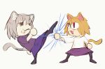  2girls :3 absurdres animal_ears blonde_hair cat_ears cat_tail chibi cigarette closed_eyes evo_moment_#37 grey_hair highres long_skirt long_sleeves melty_blood meme multiple_girls neco-arc neco-arc_chaos neco_spirit open_mouth parrying red_eyes setsuna_kasugano short_hair skirt smile smoking tail tsukihime turtleneck white_background 